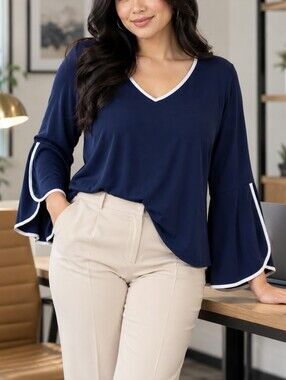 Laura plus Navy V-Neck Bell Sleeve Top with White Trim Accents size 1X